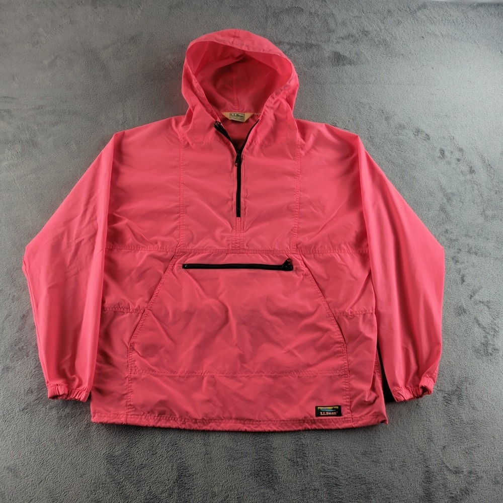 Vintage LL Bean Anorak Mens Large Bright Pink Pullover Hooded Jacket Half Zilp